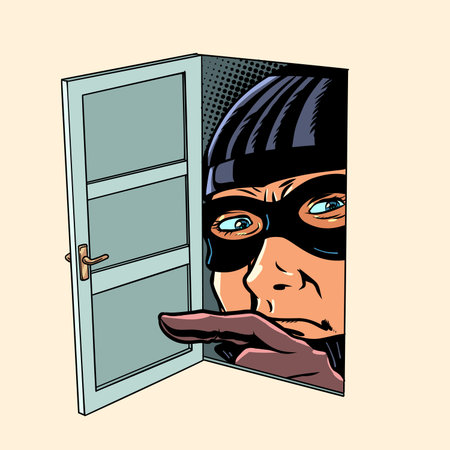 A criminal is looking through an open door. Theft of personal data by fraudsters. The danger of accessing unverified sites.のイラスト素材