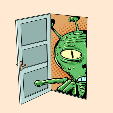An alien is looking through an open door. Security and virus issues. Being unprepared for dangers.のイラスト素材