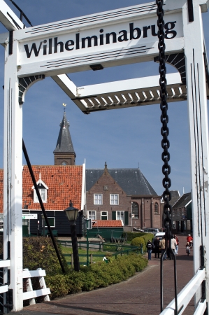 The Wilhelmina bridge in the town of Marken near Amsterdam in the Netherlands のeditorial素材