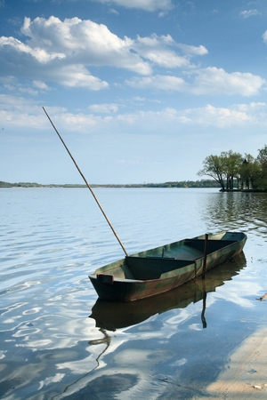 Fishing Boat on the Pond Rozmberkの写真素材