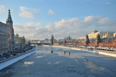 The red brick walls of famous Kremlin in Moscow with its churchesの写真素材
