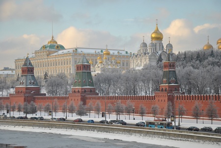 The red brick walls of famous Kremlin in Moscow with its churchesの写真素材