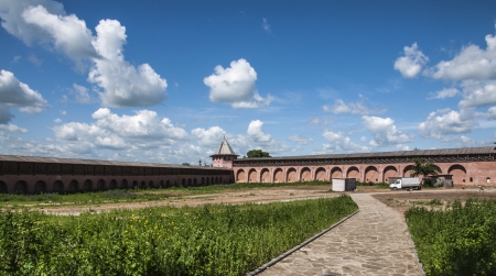 Walls and towers of a medieval monasteryの写真素材