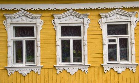 Carved wooden facade in traditional Russian styleの写真素材
