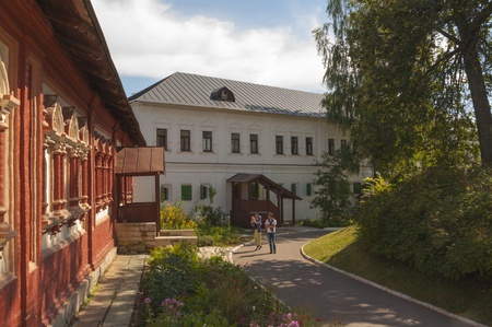 The facade of an old Russian house with three windowsのeditorial素材