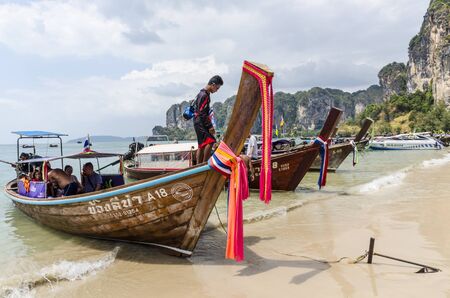 Traditional Thai Longtail boat on the beach Railayのeditorial素材