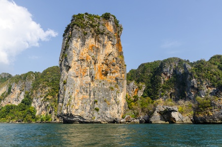 Coastal cliffs and white sand on the beach in Ao Nang in Krabi, Thailandの写真素材