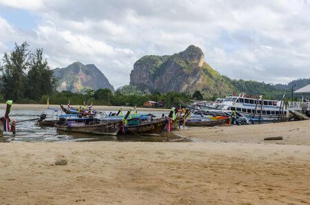 Traditional Thai Longtail boats in Ao Nang Krabi Thailandのeditorial素材