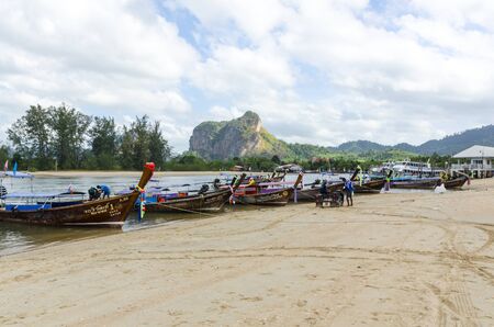 Traditional Thai Longtail boats in Ao Nang Krabi Thailandのeditorial素材