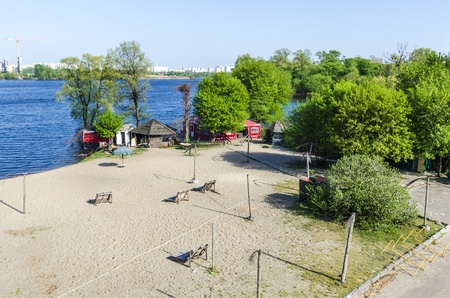 A small cafe on the beach on the island Trukhaniv on the banks of the Dnieper  Kievの写真素材