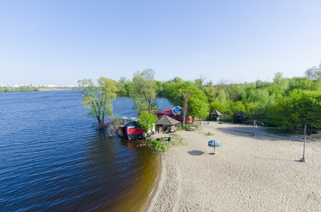 A small cafe on the beach on the island Trukhaniv on the banks of the Dnieper  Kievの写真素材