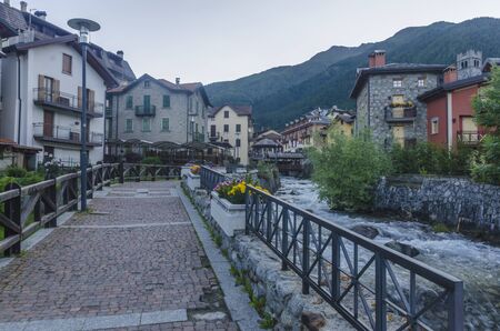 Italian Alpine town of Ponte di Legno at dawnのeditorial素材