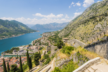 View of the old town of Kotor on. Red tiled roofs and bay south fjord