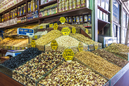 Nuts and spices on the counter of the Istanbul marketのeditorial素材