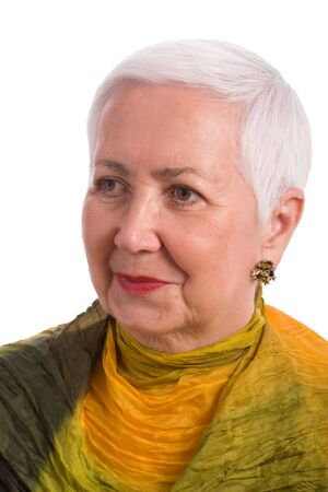 Cheerful senior woman portrait, isolated on white background.の写真素材