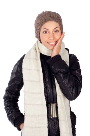Happy young pretty woman in casual winter clothing laughing, isolated on white background.の写真素材
