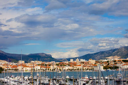 Split cityscape on the Adriatic Sea in Croatia, harbor in the foregroundの写真素材