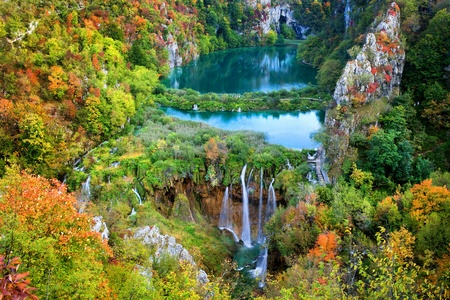 Scenic fall valley landscape in the mountains of Plitvice Lakes National Park, Croatiaの写真素材