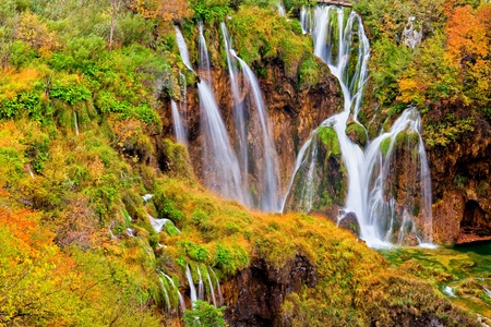 Scenic autumn landscape with beautiful waterfalls in the Plitvice Lakes National Park in Croatiaの写真素材