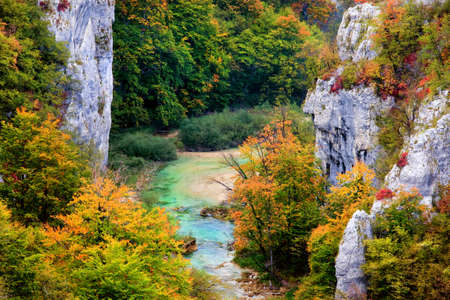 Autumn landscape in the mountains of Plitvice Lakes in Croatiaの写真素材