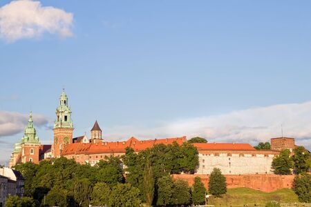 The Wawel Royal Castle (Polish: Zamek Krolewski na Wawelu) medieval landmark in Cracow, Poland, composition with copyspaceの写真素材