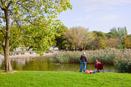 Idyllic tranquil scenery in the city park with small lake in autumnの写真素材