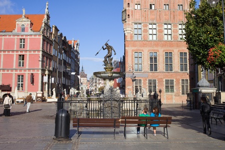 Old Town square with the Neptune Fountain in the city of Gdansk (Danzig), Poland