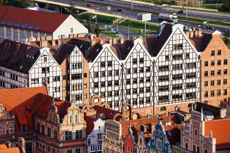 Granaries and apartment buildings historic architecture in Gdansk, Poland, view from above