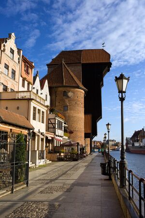 The Crane (Polish: Zuraw) and historic architecture of the Old Town waterfront in Gdansk, Polandの写真素材