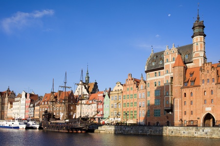 Old Town of Gdansk waterfront by the river Motlawa in Polandの写真素材