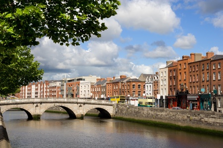 Scenic city of Dublin with an old Mellows Bridge (Queen Maeve Bridge) on the river Liffey in Irelandの写真素材
