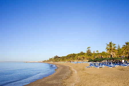 Empty beach on Costa del Sol in Marbella resort, Andalucia, Spain.のeditorial素材