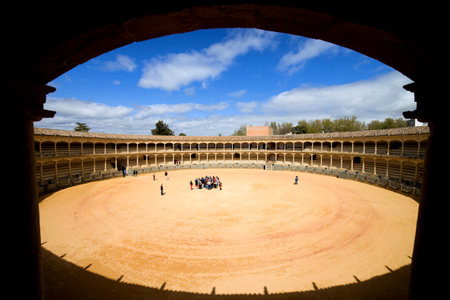 Bullring in Ronda opened in 1785, framing composition, view from auditorium, one of the oldest and most famous bullfighting arena in Spain のeditorial素材