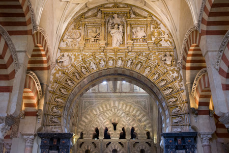 Mezquita Cathedral  Great Mosque  Moorish Arabic historic interior architecture with Christian religious ornamentation in Cordoba, Spain, Andalusia region のeditorial素材