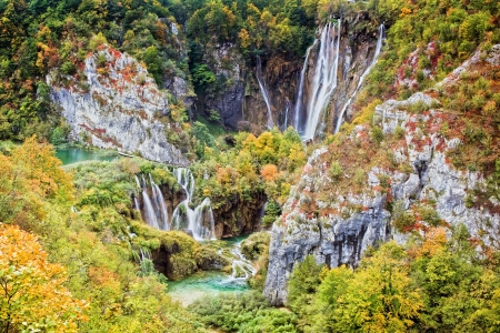 Tranquil autumn scenery of the Plitvice Lakes National Park in Croatia.の写真素材