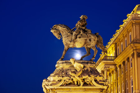 Prince Eugene of Savoy statue from 1897 at full moon night, next to the Buda Castle (Royal Palace) in Budapest, Hungary.のeditorial素材