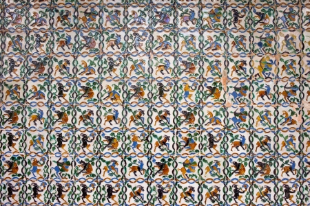Historic tiled wall with satyrs, centaurs, goats and other mythical creatures, Real Alcazar, Seville, Spain, Andalusia region.の写真素材