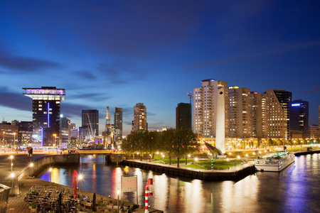 City of Rotterdam cityscape at night in Netherlands, South Holland province.の写真素材