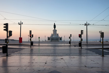 Dawn in the city of Lisbon, Portugal. Street crossing to the Commerce Square (Palace Square, Portuguese: Praca do Comercio, Terreiro do Paco).のeditorial素材
