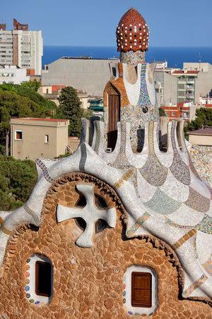 Casa del Guarda architectural details by Antoni Gaudi in Park Guell, Barcelona, Catalonia, Spain.