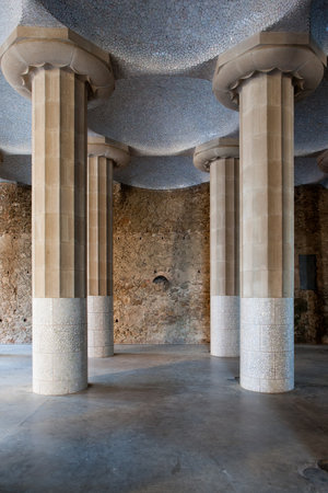 Columns and domes of Hypostyle Room in Park Guell, Barcelona, Catalonia, Spain.のeditorial素材