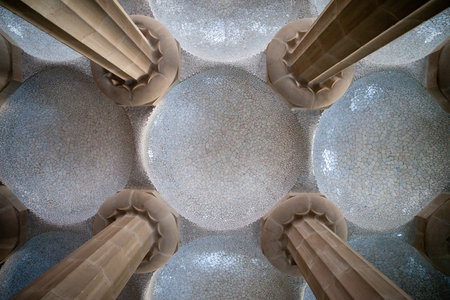 Columns and domes, tiled ceiling of Hypostyle Room in Park Guell, Barcelona, Catalonia, Spain.のeditorial素材