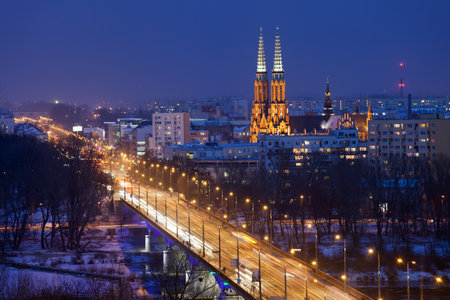 Solidarity Avenue towards Praga district skyline in Warsaw, Poland by nightのeditorial素材