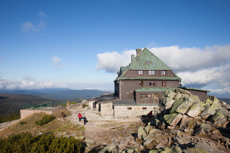 Shelter on Szrenica mountain peak, Karkonosze Mountains, Karkonoski National Park, Poland.のeditorial素材