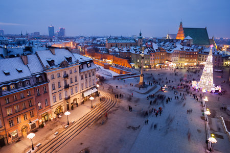 City of Warsaw cityscape in Poland, Old Town Square from above by night, during Christmas Timeのeditorial素材