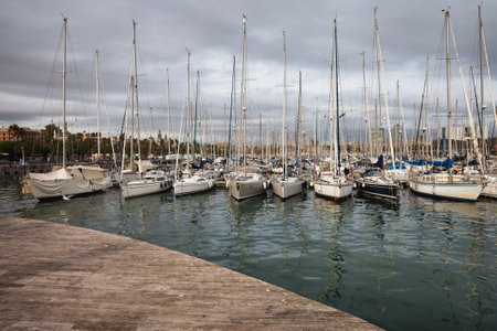 Spain, Barcelona, sailboats at Darsena Nacional Marina in Port Vellのeditorial素材