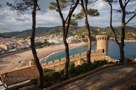 Spain, Costa Brava, Tossa de Mar town from above, Mediterranean Sea coastline, view from Vila Vellaの写真素材