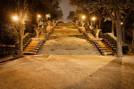Stairs to Montjuic Hill at night in Barcelona, Spain, Passeig de Jean Forestierの写真素材
