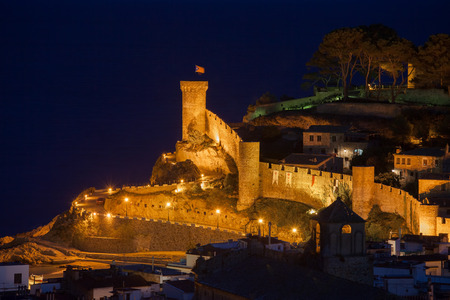 Tossa de Mar at night, illuminated wall and towers, fortification of Vila Vella - the Old Town, Catalonia, Spainの写真素材