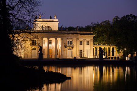 Palace on the Isle at night in Royal Lazienki Park in Warsaw, Poland, Neoclassical architecture, city landmarkのeditorial素材